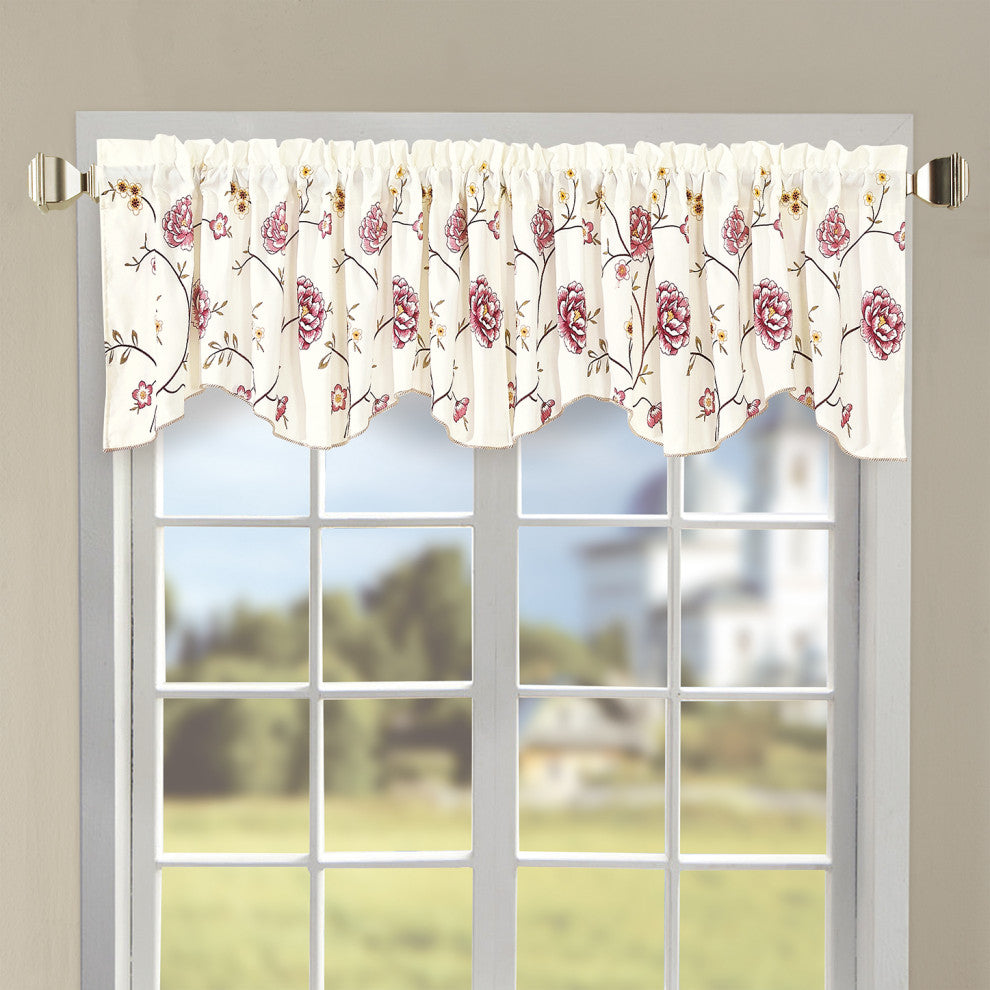 Spring Flower Embroidery Window Curtain Valance, Burgundy, 19" X 60"
