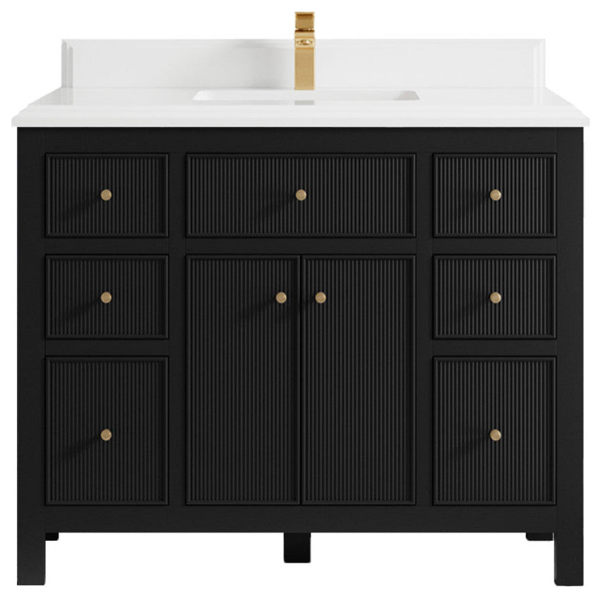 Sonoma 42 Single Sink Reeded Bath Vanity in Black 1.5" White Quartz