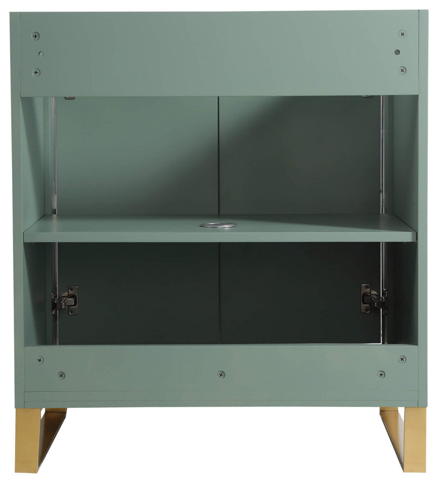 Opulence Bath Vanity, Mint Green, 30", Satin Brass Hardware, Black Marble Top