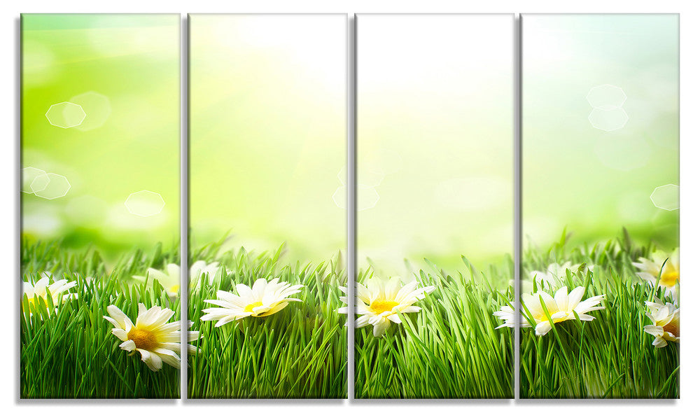 Spring Meadow with Daisies, Large Animal Canvas Art Print, 48"x28", 4 Panels