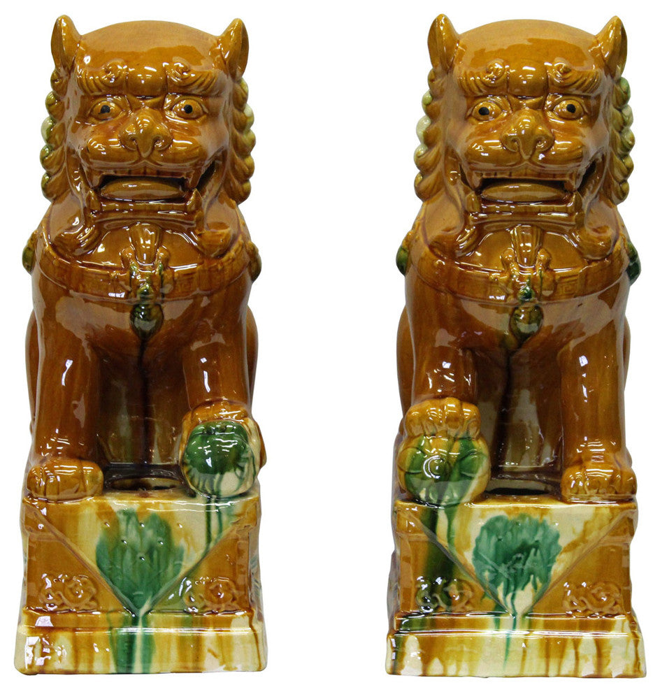 Chinese Yellow Color Glaze Ceramic Fengshui Foo Dog Figures cs2368, 2-Piece Set