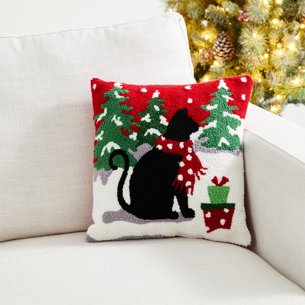 14"L Hooked Christmas Cat Pillow