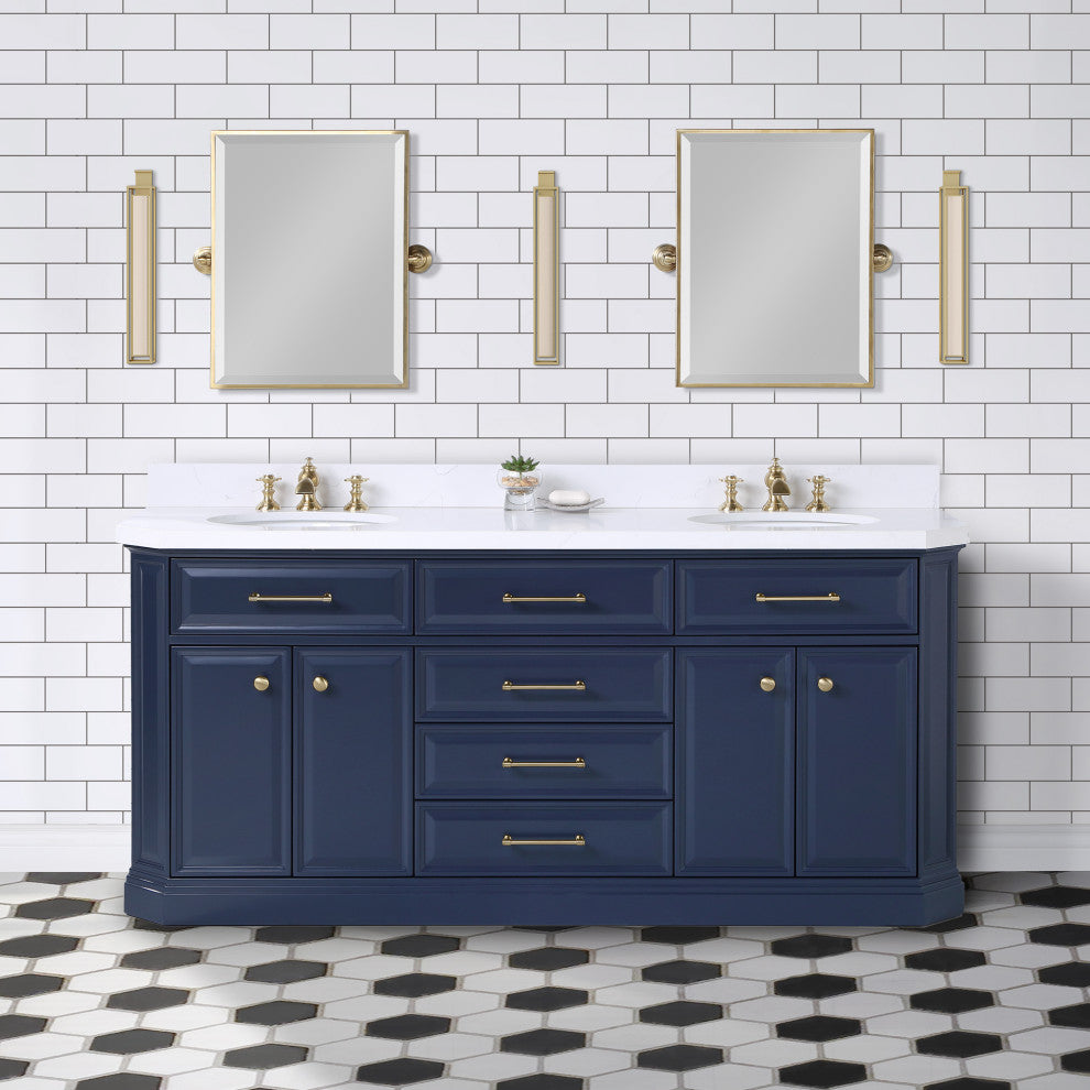 Palace 72" Double Sink White Quartz Top, Faucet, Mirror, Blue, F2-0013 Faucets
