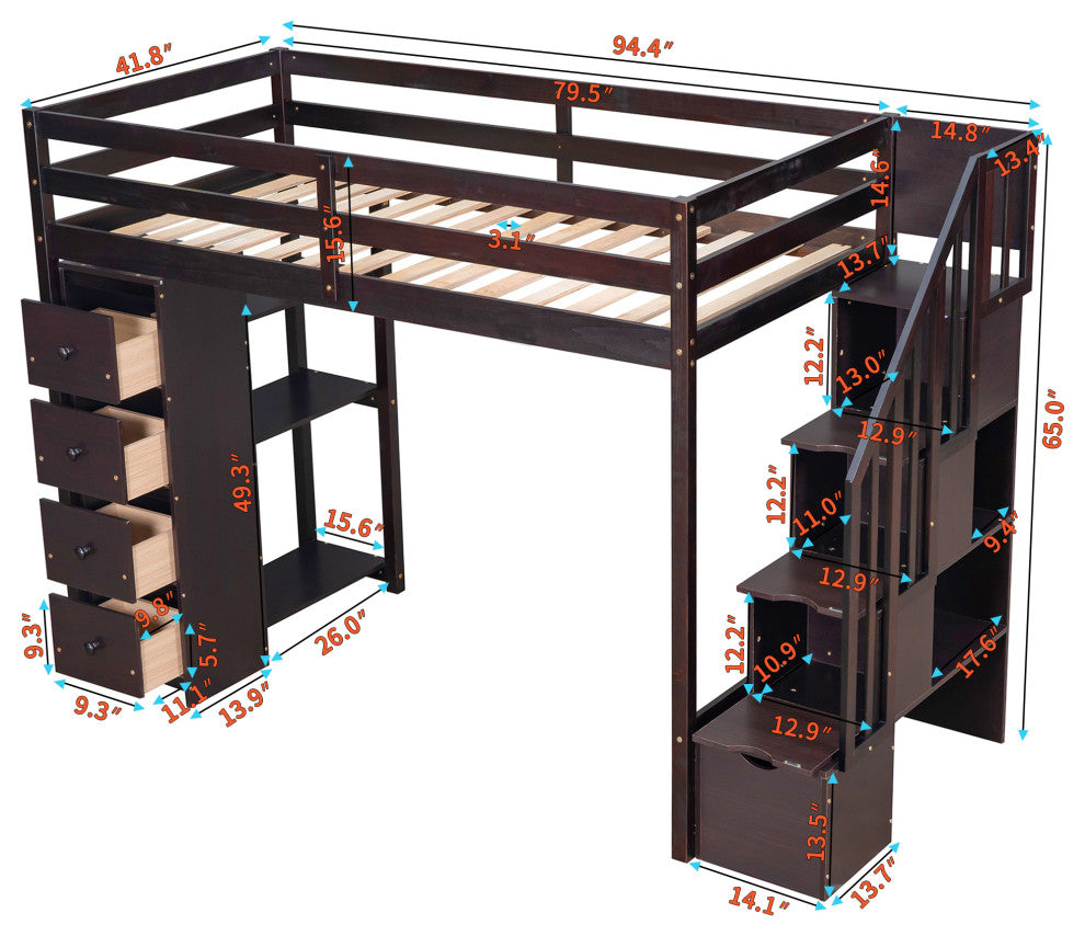 Gewnee Wood Twin Loft Bed with Storage Drawers and Stairs in Espresso