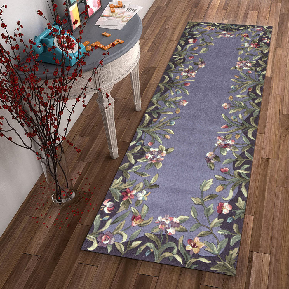 HomeRoots 8'Lavender Hand Tufted Bordered Floral Indoor Runner Rug