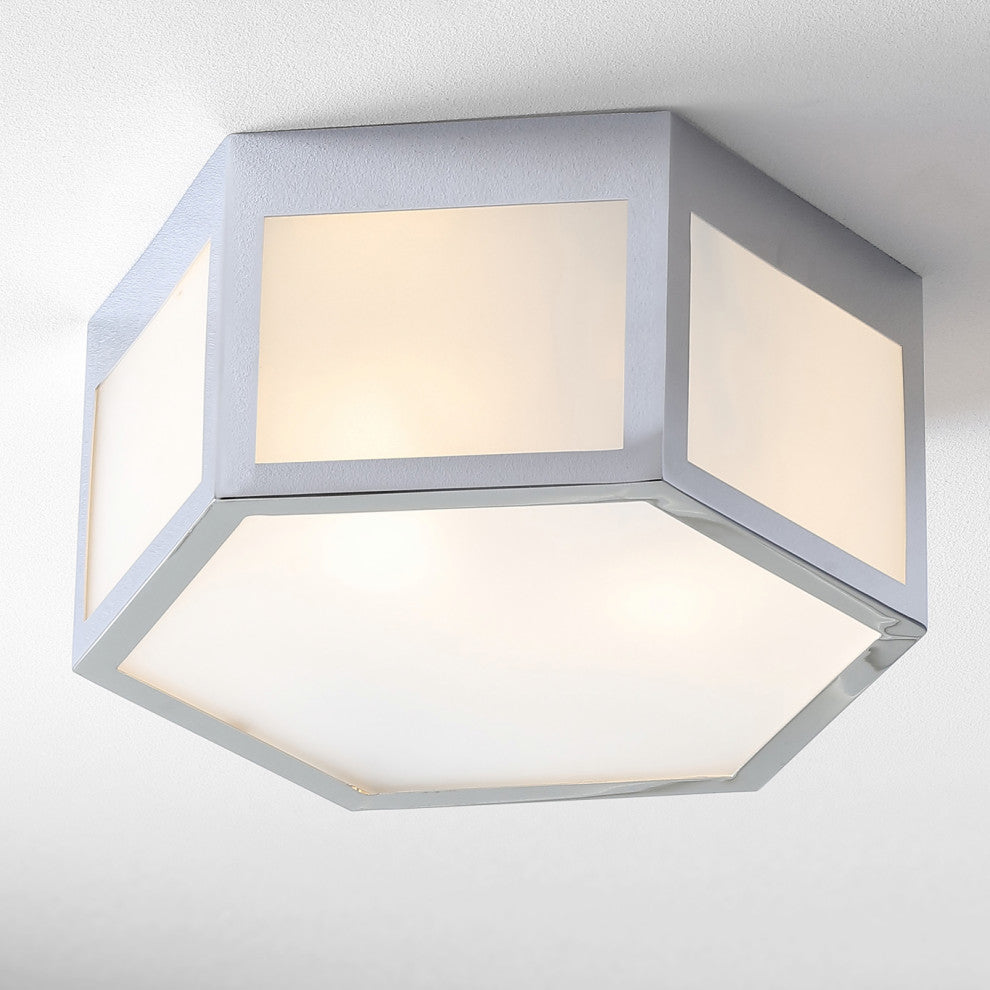 Minimo Hexagon Metal and Frosted Glass LED Flush Mount, Chrome, Width: 13"