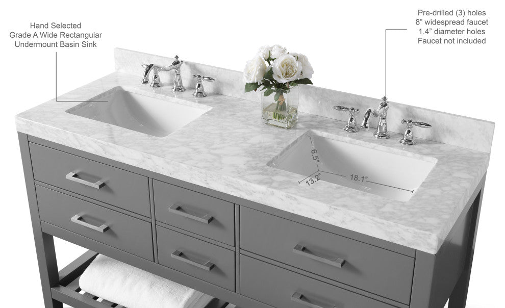 Elizabeth Bath Vanity, Sapphire Gray, 60", Brushed Nickel Hardware, No Mirror