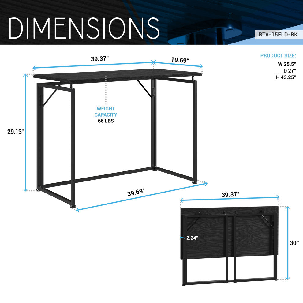 Techni Mobili Space Saving Folding Desk, Black