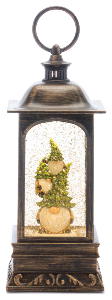 LED Snow Globe Lantern With Gnome Stack 9.75"H