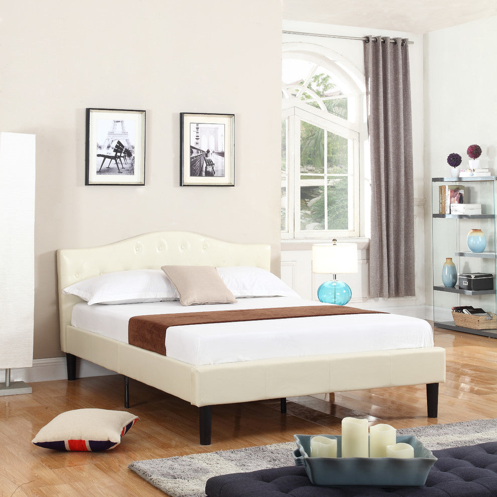 Classic Deluxe Bonded Leather Platform Bed With Wooden Slats, Ivory, Full