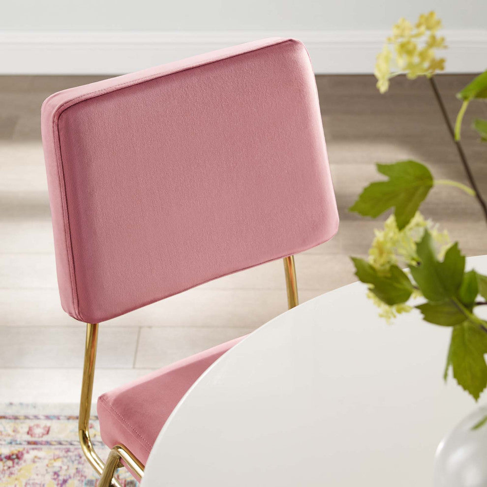 Side Dining Chair, Velvet, Metal, Gold Pink, Modern, Cafe Bistro Restaurant