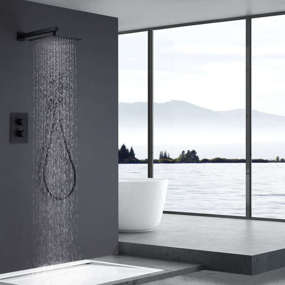 Thermostatic Rain Shower System with Hand Shower and Rough-in Valve, Matte Black