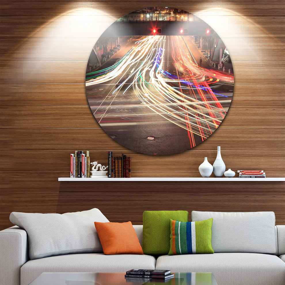 Light Traces On Crossroad, Cityscape Digital Disc Metal Wall Art, 36"