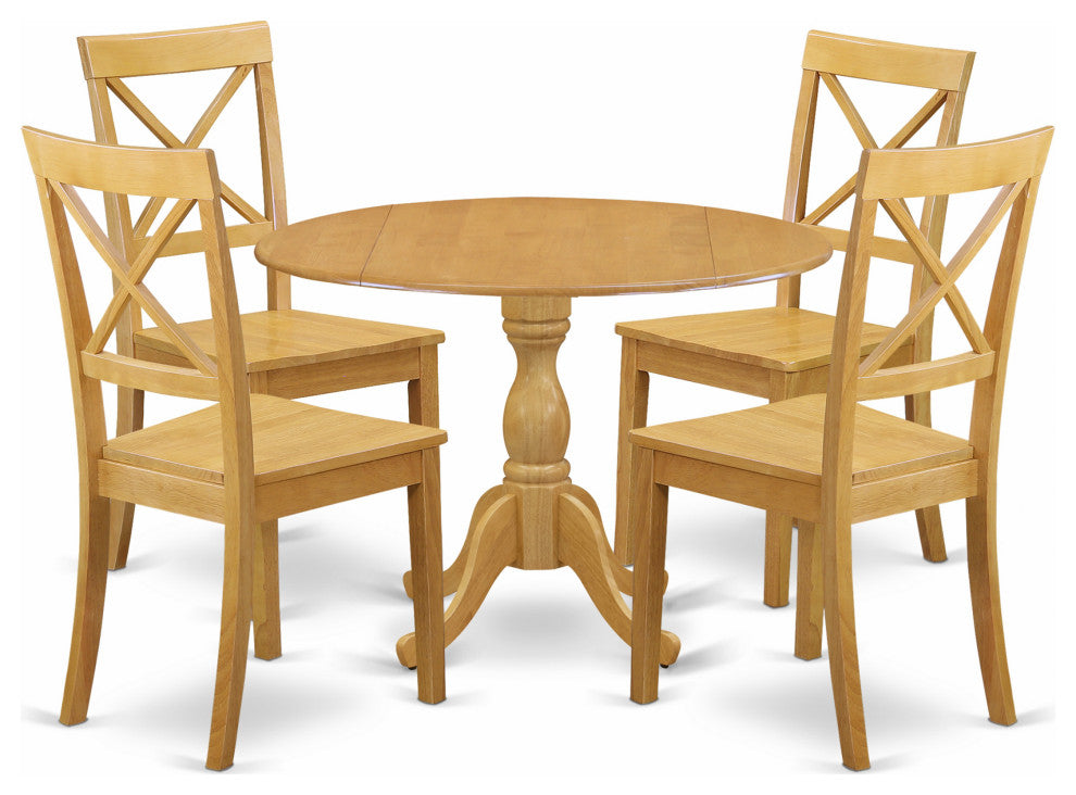 5 Pc Dining Set, Room Table, 4 Oak Wooden Chairs, X-Back, Oak Finish
