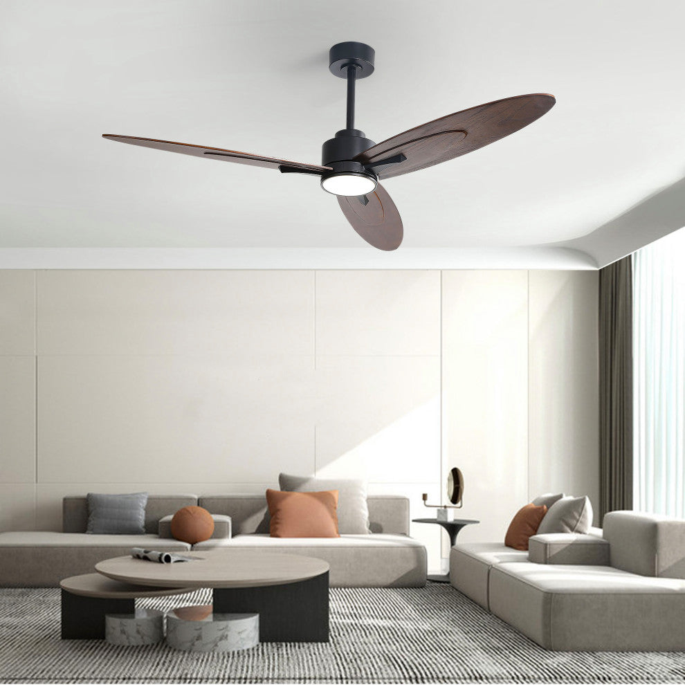 60" 3-Solid Wood Blade Propeller indoor LED Ceiling Fan, Black and Brown