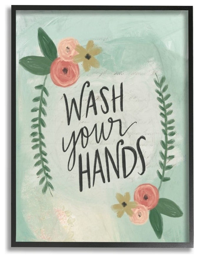 Wash Your Hands Aqua Blue and Pink Floral Roses Illustration, Framed, 24"x30"