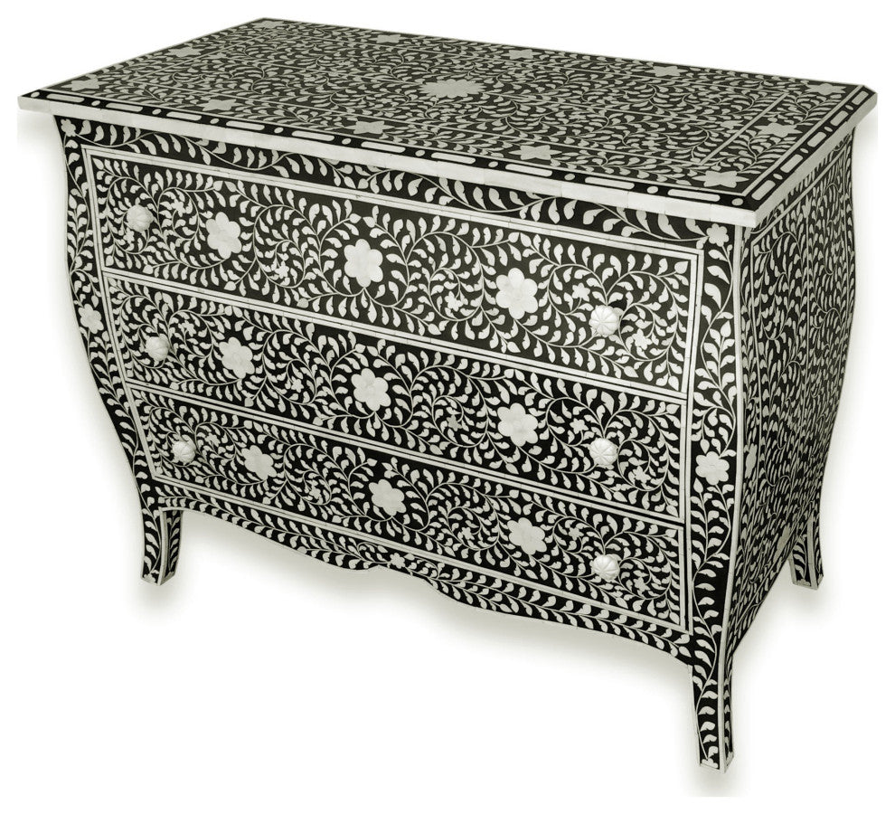 Curved French Provincial Style Bone Inlay Dresser Chest of drawers