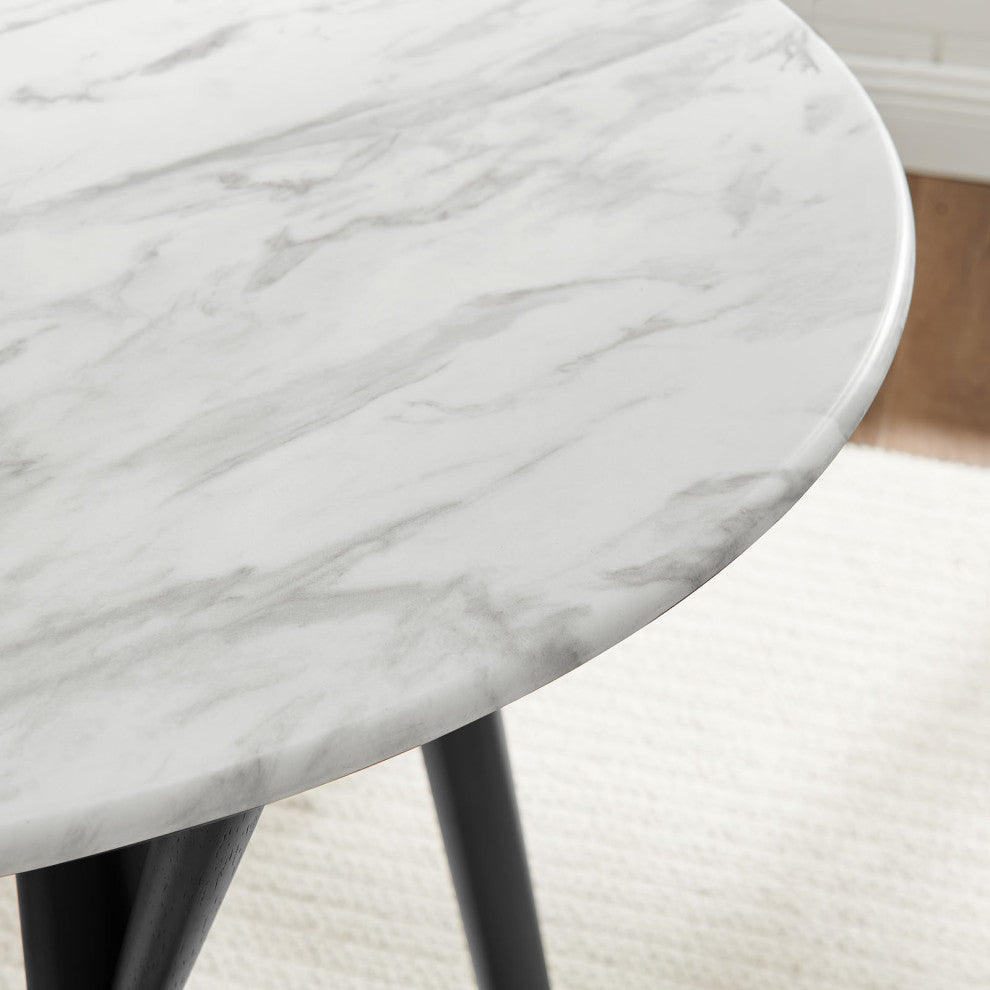 36" Dining Table, Round, White Black, Wood, Artificial Marble, Modern
