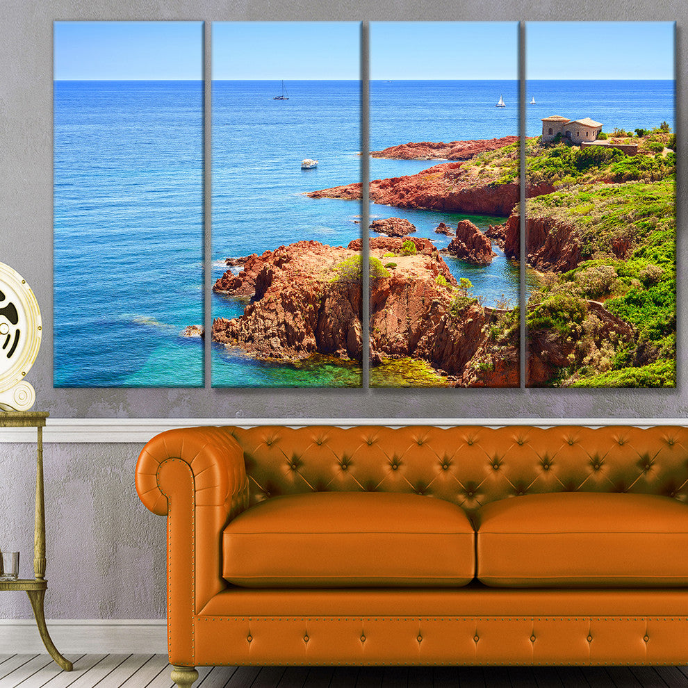 Esterel Rocks Beach Coast, Landscape Canvas Art Print, 48"x28", 4 Panels