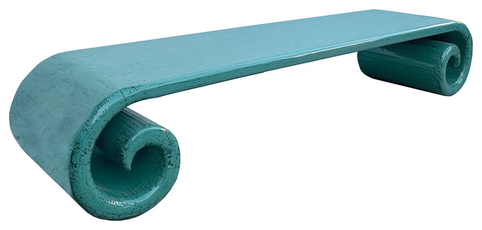 Distressed Aqua Turquoise Scroll Long Rectangular Coffee Table Stand Hws4426