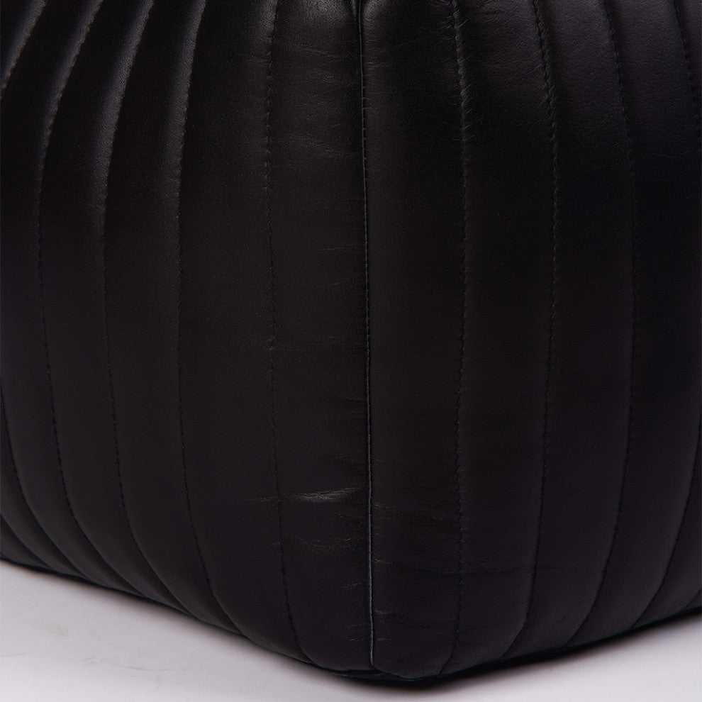 Poufs-Solid Handmade Goat Leather Pouf, Recycled Cotton Fill, Black, 14x14x14
