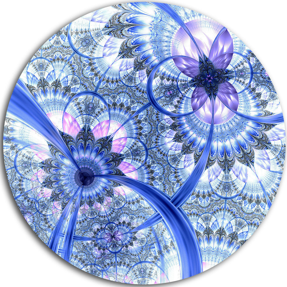 Bright Blue Fractal Floral Pattern, Floral Round Metal Wall Art, 23"