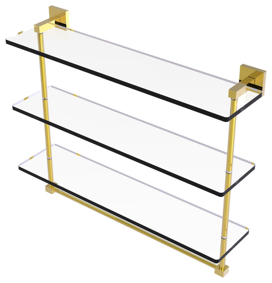 Montero 22" Triple Tiered Glass Shelf with towel bar, Polished Brass