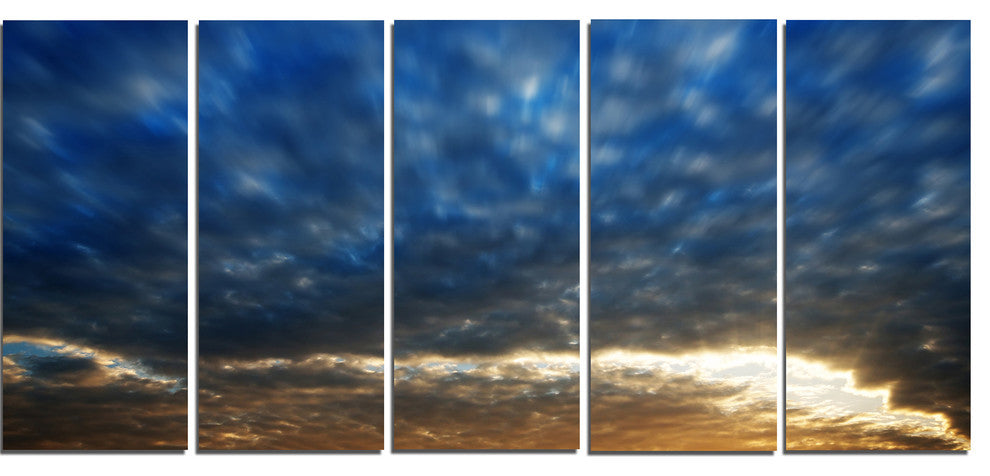 "Dramatic Blue and Brown Skies" Modern Seascape Wall Art, 5 Panels, 60"x28"