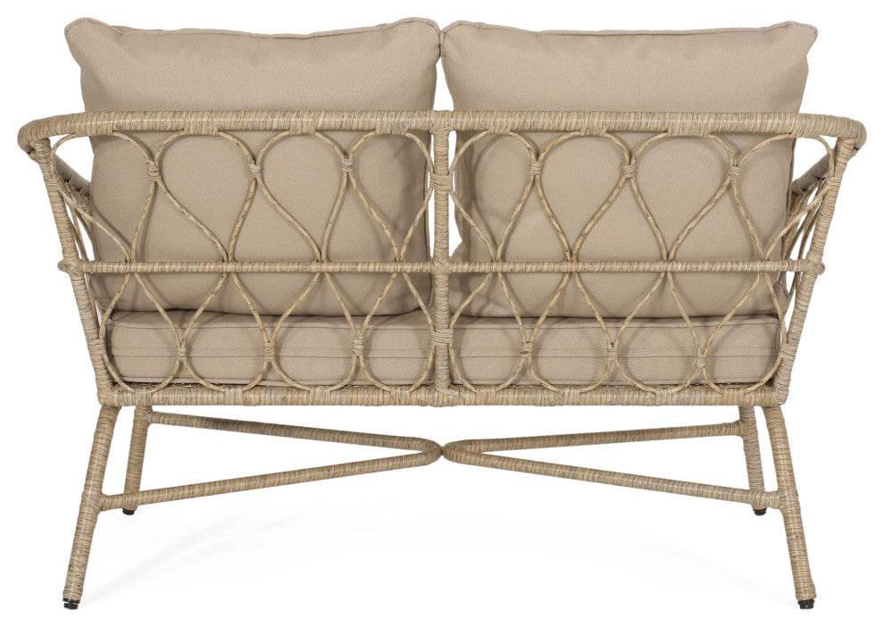 Colmar Outdoor Wicker Loveseat With Cushions, Light Brown and Beige
