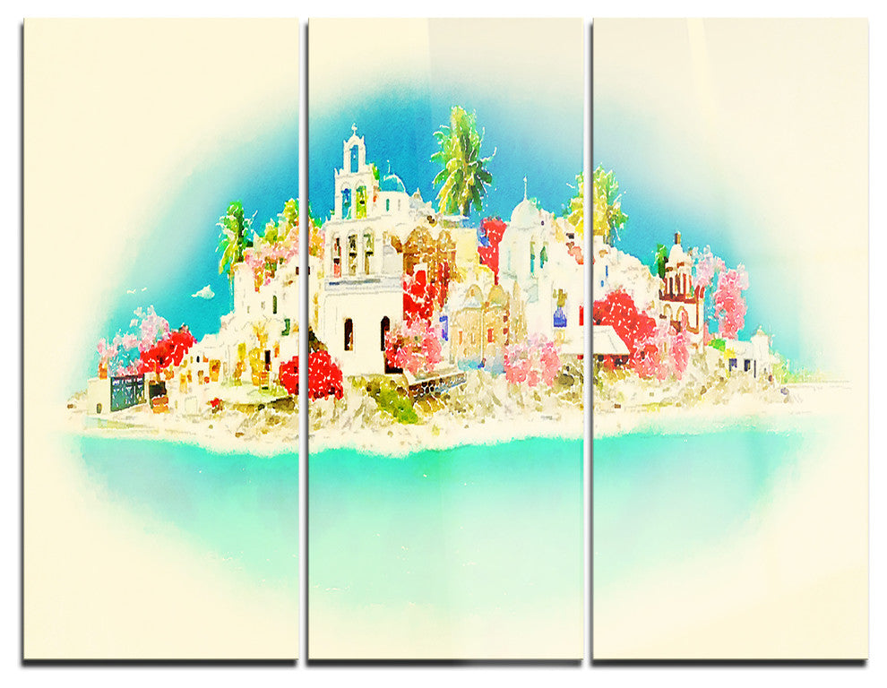 "Santorini Panoramic View" Watercolor Metal Wall Art, 3 Panels, 36"x28"