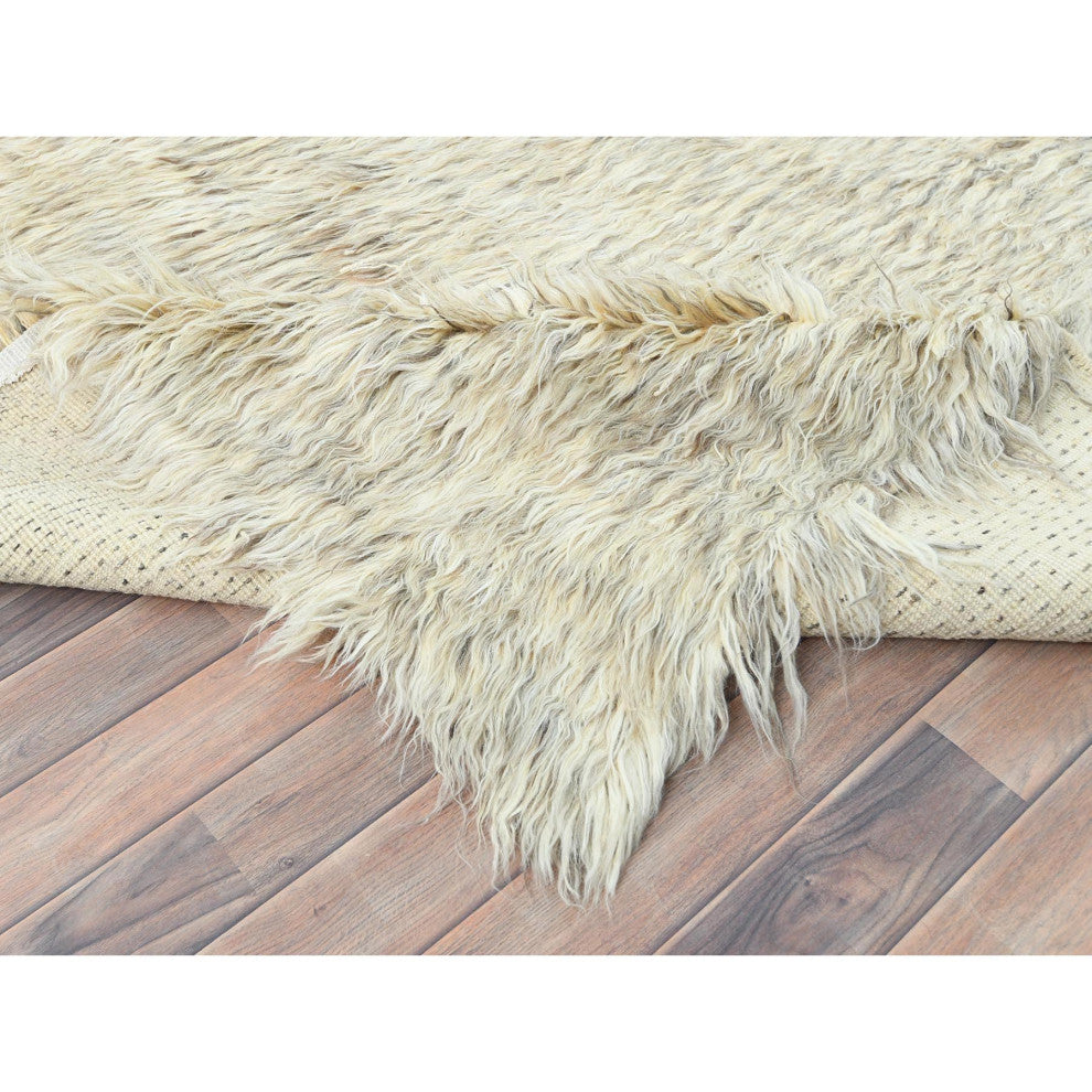 Gray, Undyed Natural Wool Hand Knotted, Shaggy Moroccan Rug, 7'7"x9'10"