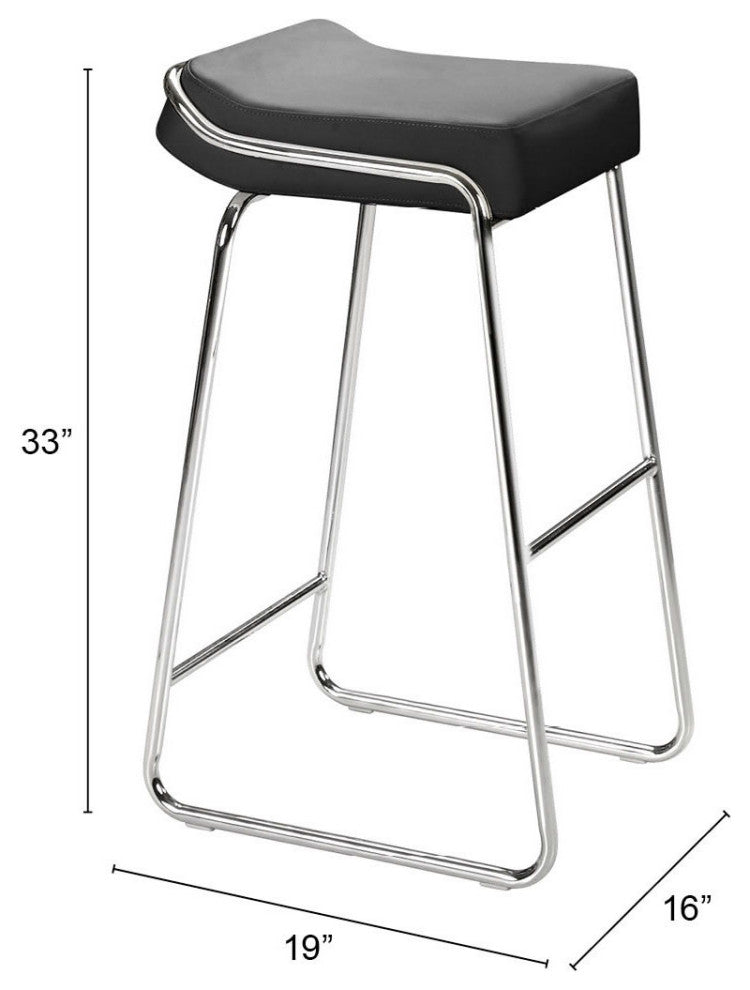 Bar Stool Chair Barstool, Set of 2, Faux Vinyl Leather, Steel, Black, Chrome