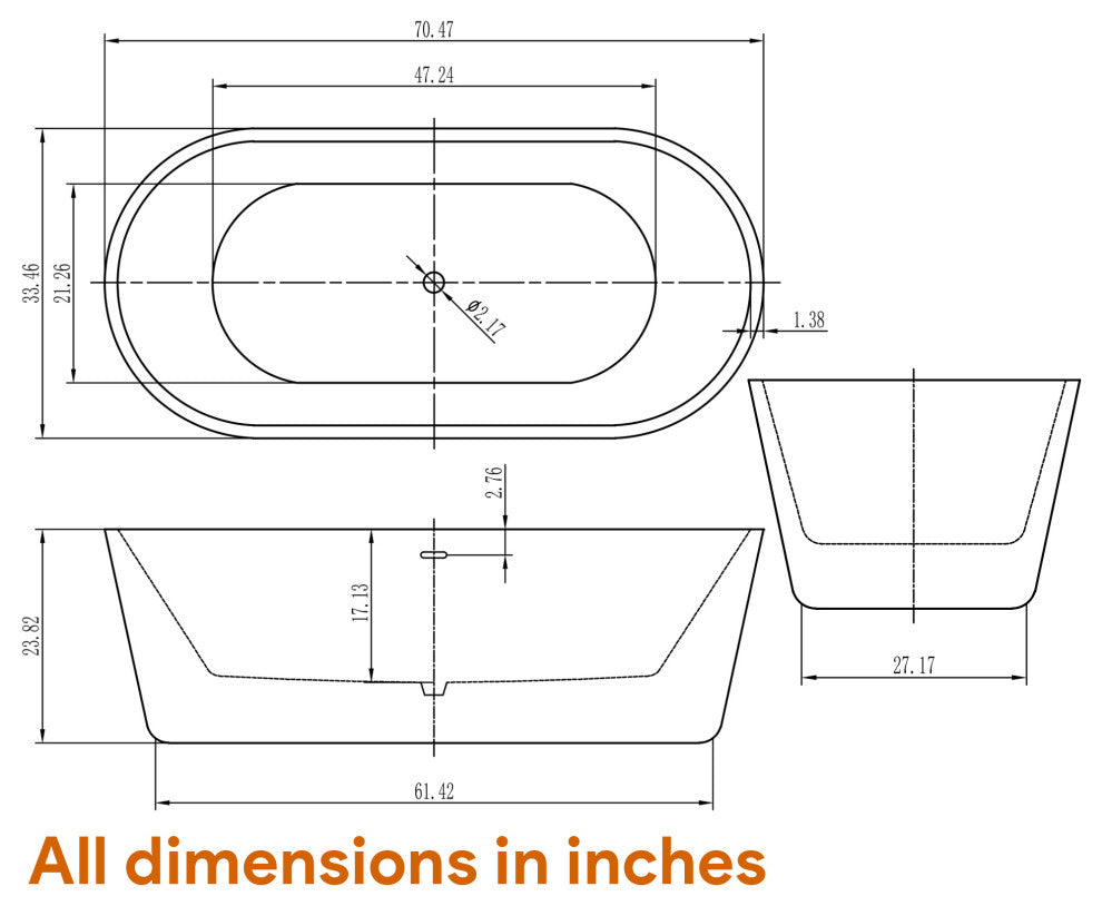HEATGENE Acrylic Freestanding Bathtub Contemporary, 70 Inches