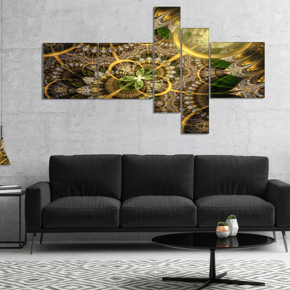 Dark Green and Gold Fractal Flower, Floral Canvas Art Print, 60"x32", 5 panels