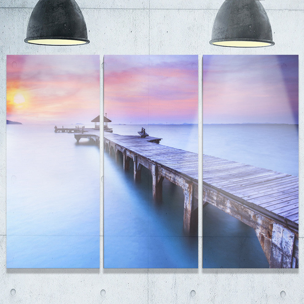 "Beach With Blue Waters and Wood Bridge" Metal Wall Art, 3 Panels, 36"x28"