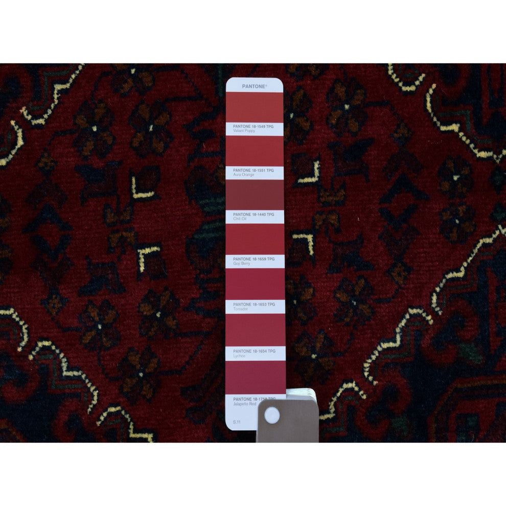 Red Hand Knotted Tribal Design Shiny Wool Afghan Khamyab Oriental Rug, 9'8"x13'