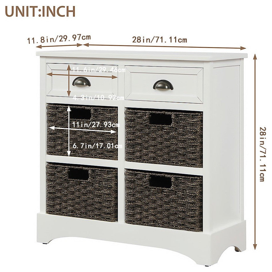 Tall Nightstand, Acacia Wood Frame With Drawers & Wicker Baskets, White