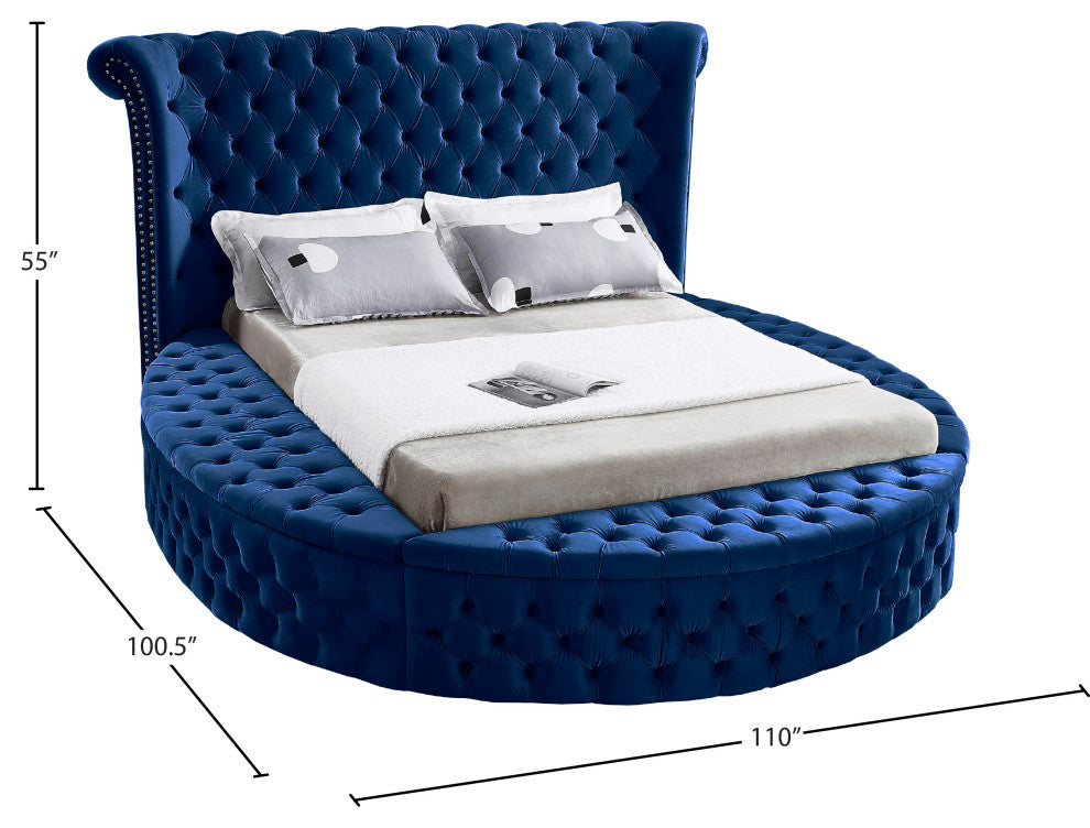 Luxus Button Tufted Velvet Round Bed, Navy, King