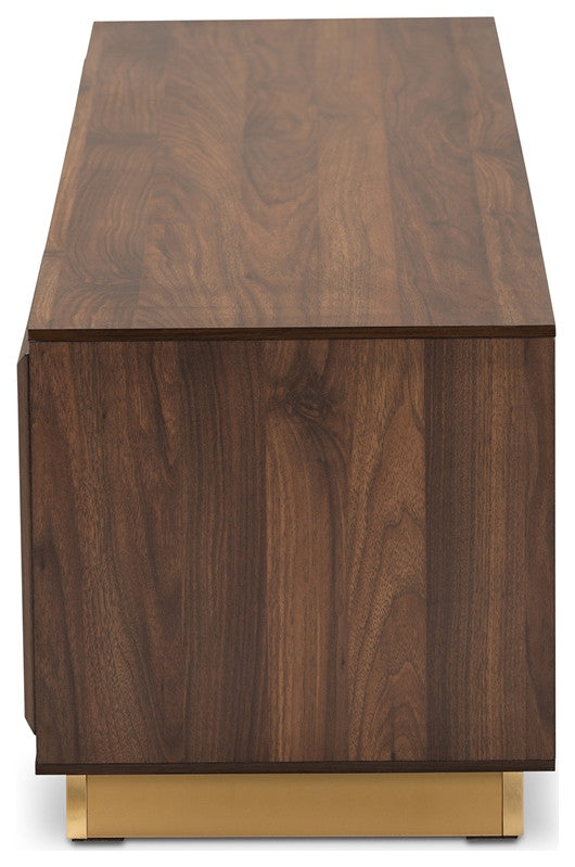 Mid-Century Modern Walnut Brown Finished Wood Gold Metal 2-Door TV Stand