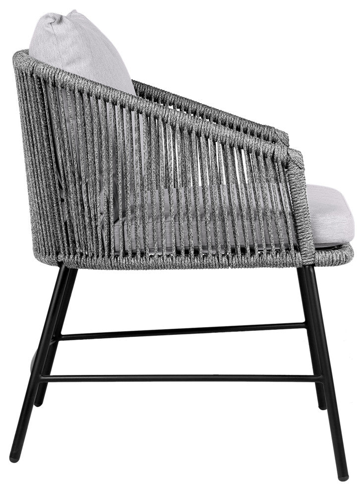 Calica Outdoor Patio Dining Chair, Black Metal And Gray Rope
