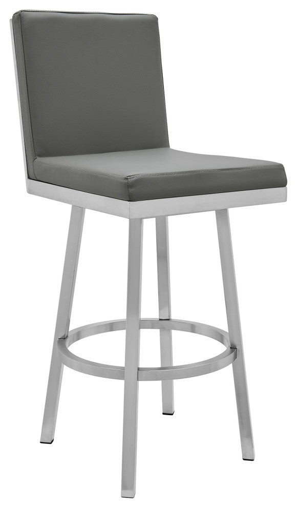 Gem 26" Swivel Modern Metal and Gray Faux Leather Bar and Counter Stool
