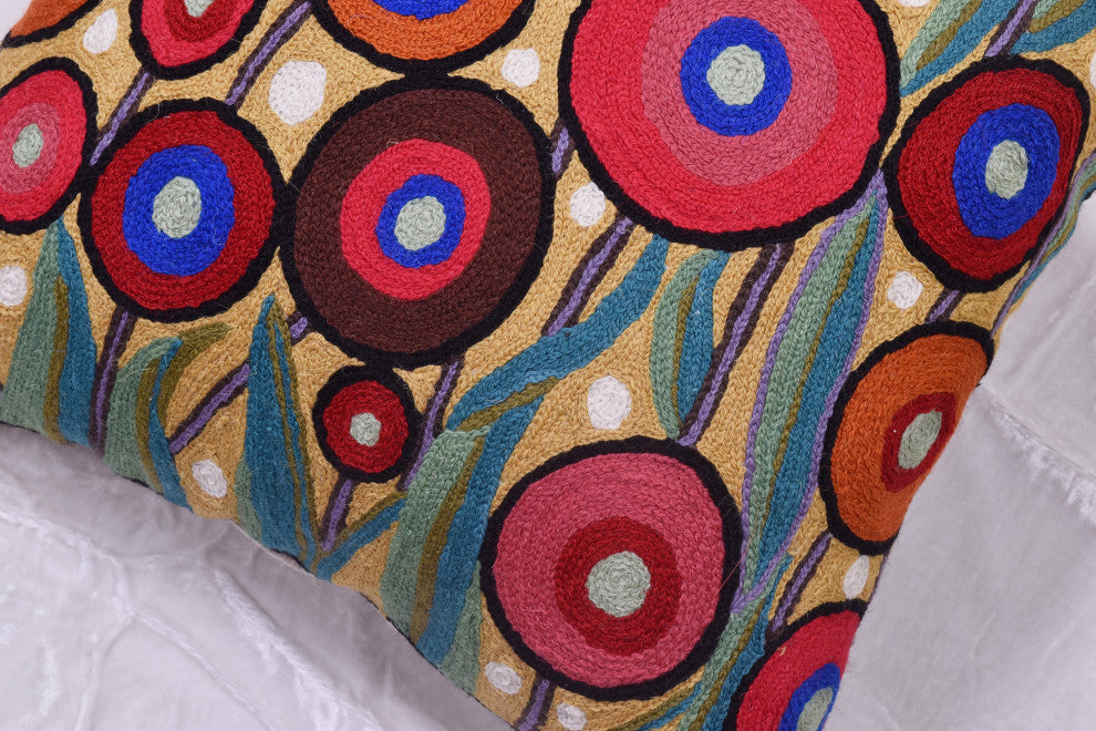 Yellow Floral Poppy Pillow Cover Floral Chair Pillowcase Hand Embroidered 18x18