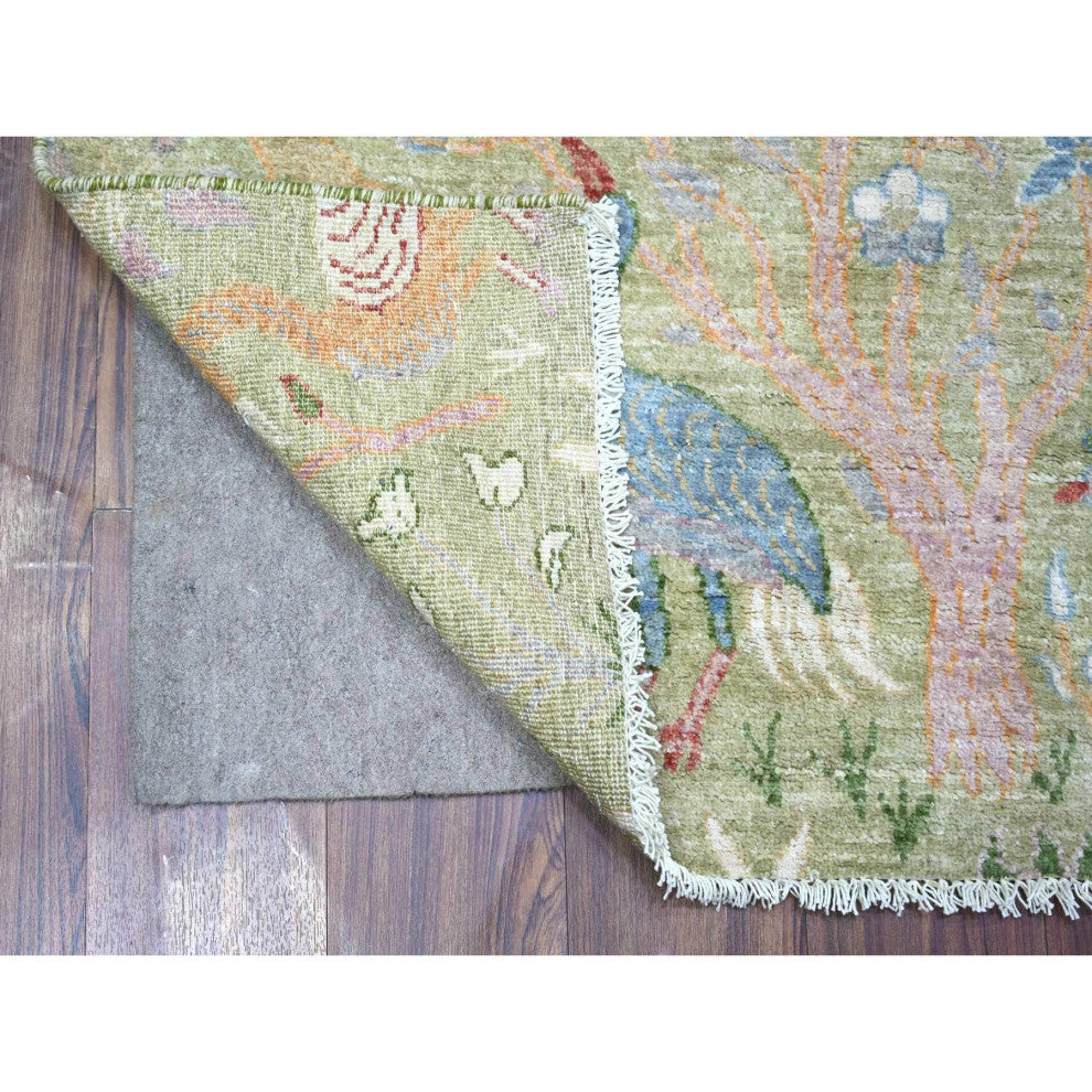 Reseda Green Pure Wool Hand Knotted Afghan Peshawar Oriental Rug, 3'x5'2"
