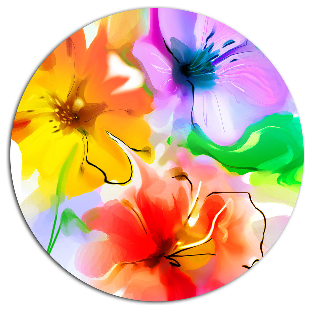 Bunch Of Colorful Flowers Sketch, Floral Large Disc Metal Wall Art, 23"
