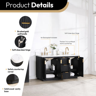 Vinnova Cadiz Bath Vanity, Composite Stone Top, Black, 60", With Mirror