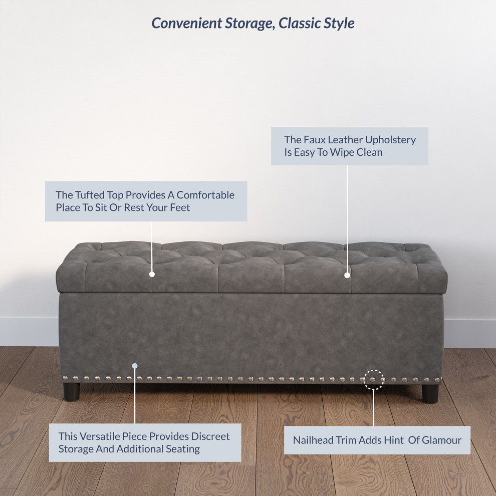 Rectangular Storage Fabric Ottoman, Tufted Footrest Lift Top, 47", Rustic Gray
