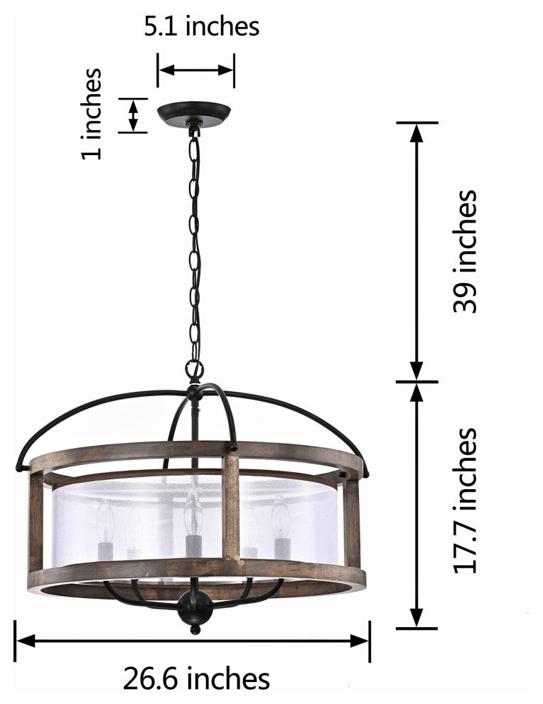 Ellen Antique Black Metal Fabric Shade Wood Chandelier