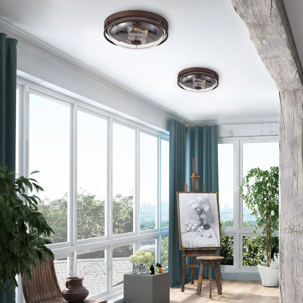 Rustic 2-Light Flush Mount Ceiling Lamp with Clear Glass Shades