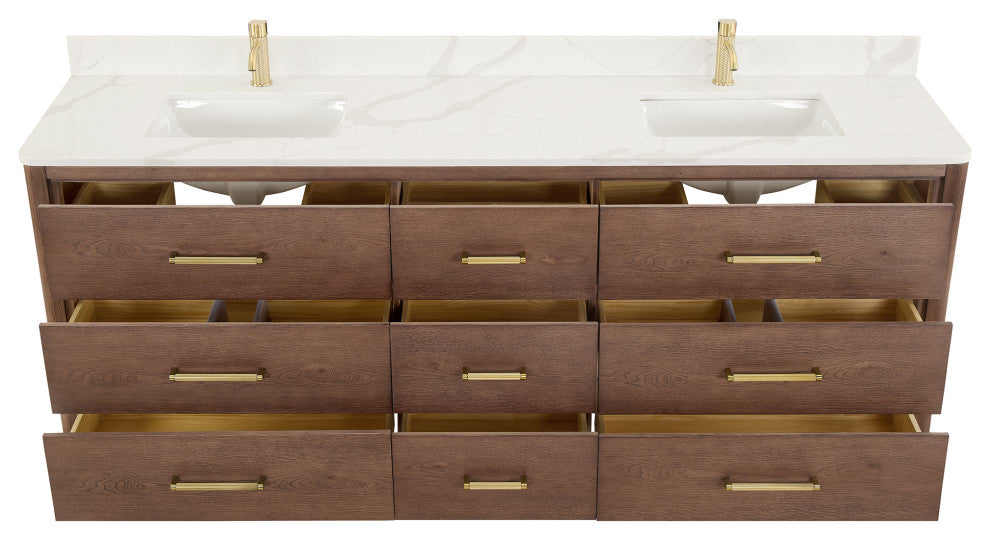 Porto Bath Vanity with White Quartz Stone Top, Dark Brown Oak, 84 in., No Mirror