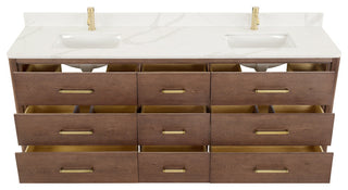 Porto Bath Vanity with White Quartz Stone Top, Dark Brown Oak, 84", No Mirror